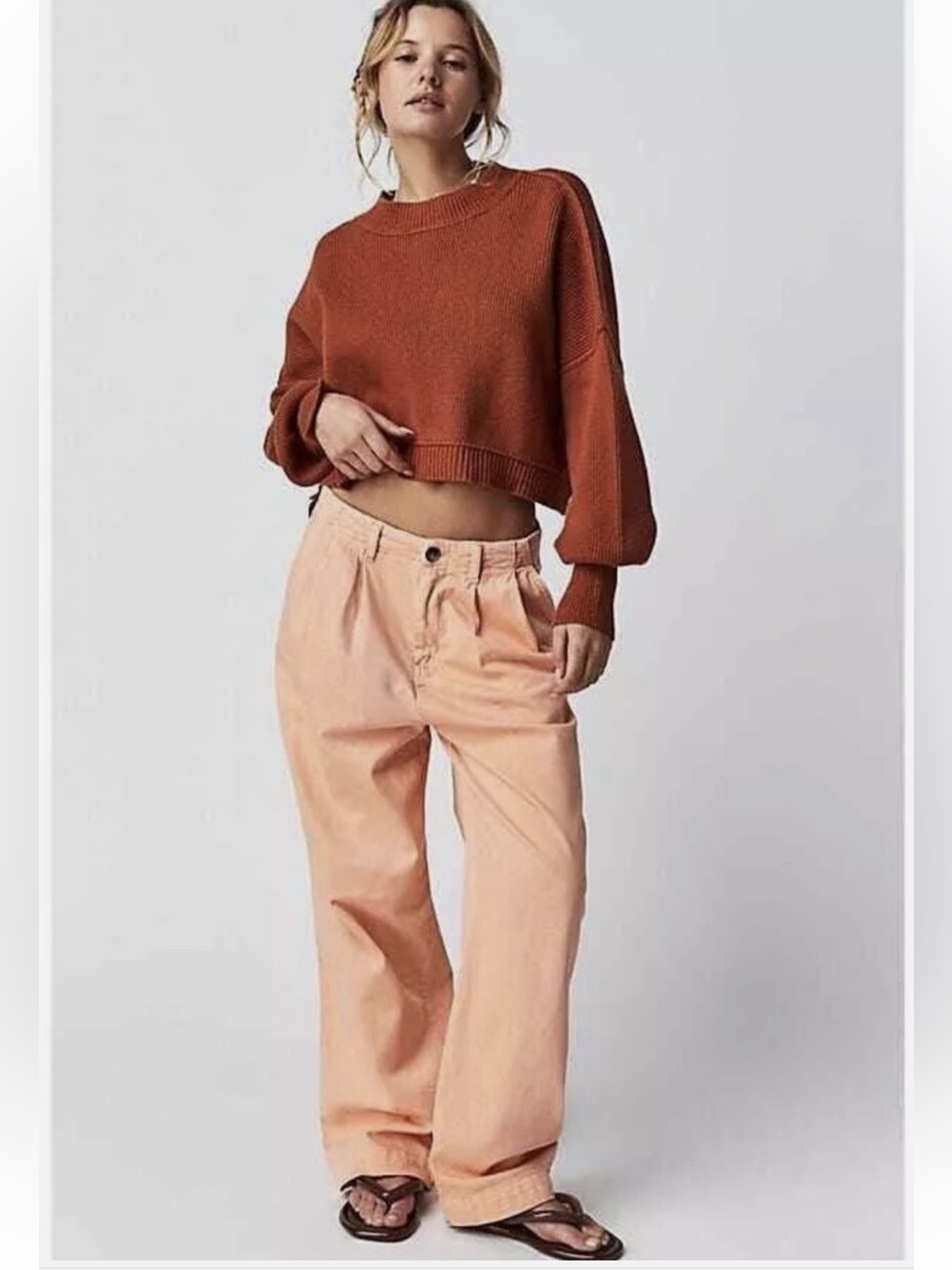 Free People Addy Relaxed Wide Leg Chino Pants Peach Coral Orange Size 4 - Picture 4 of 9